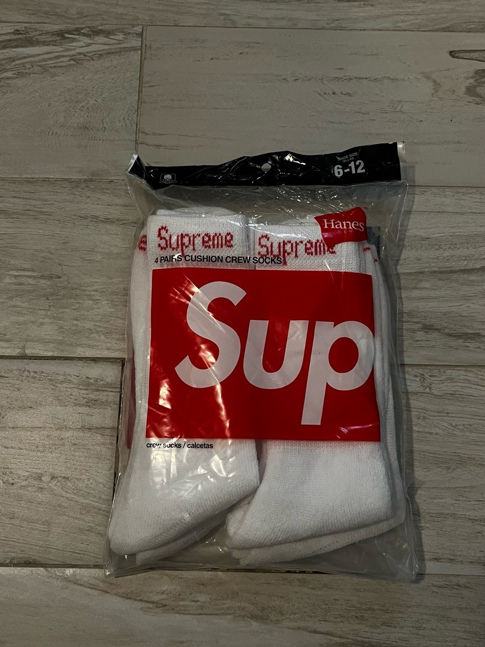 Hanes White Crew Socks with Red Supreme Logo - Pack
